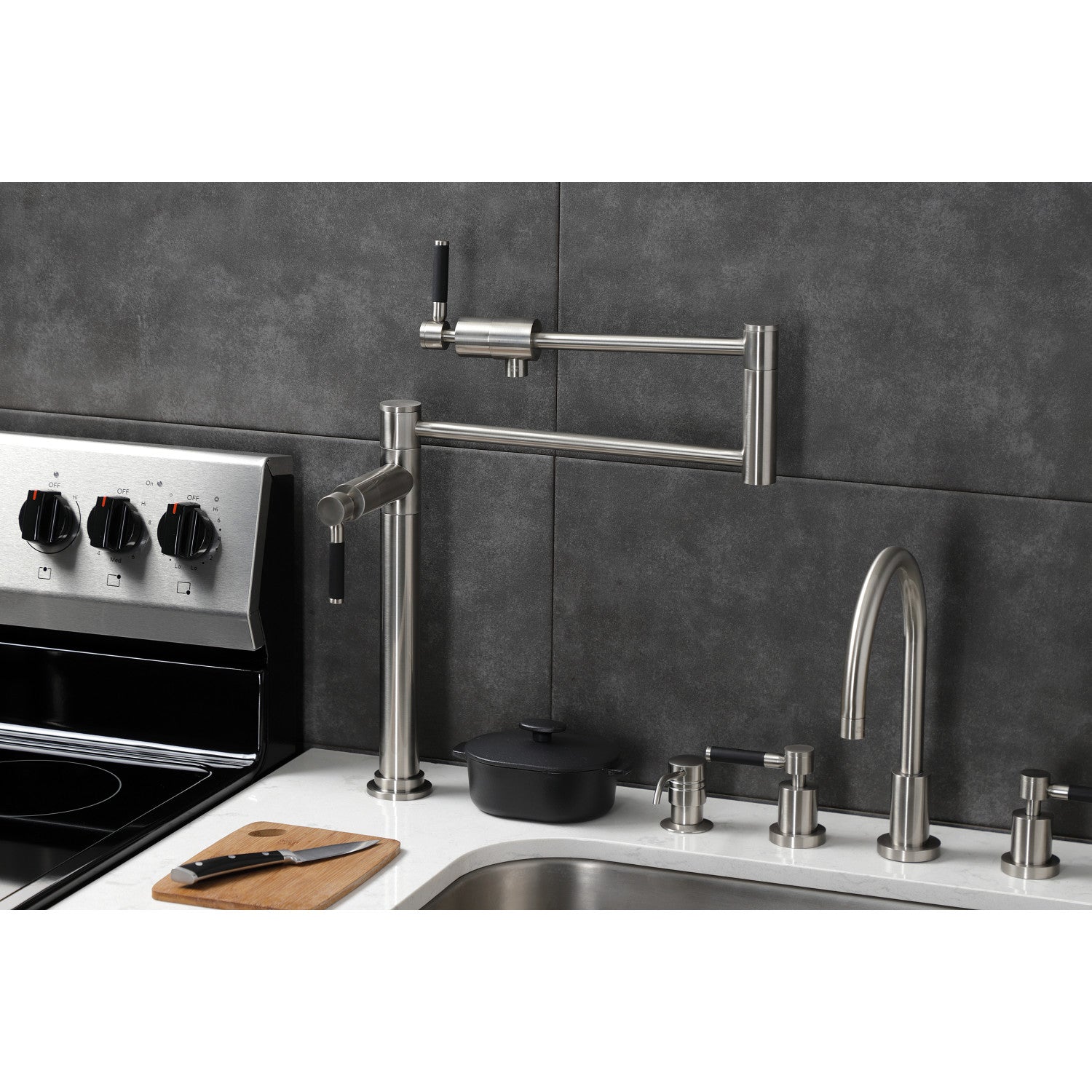 Kingston Sona KS4708DKL - Kaiser Two-Handle 1-Hole Deck Mount Pot Filler Faucet, Brushed Nickel — thumbnail 2